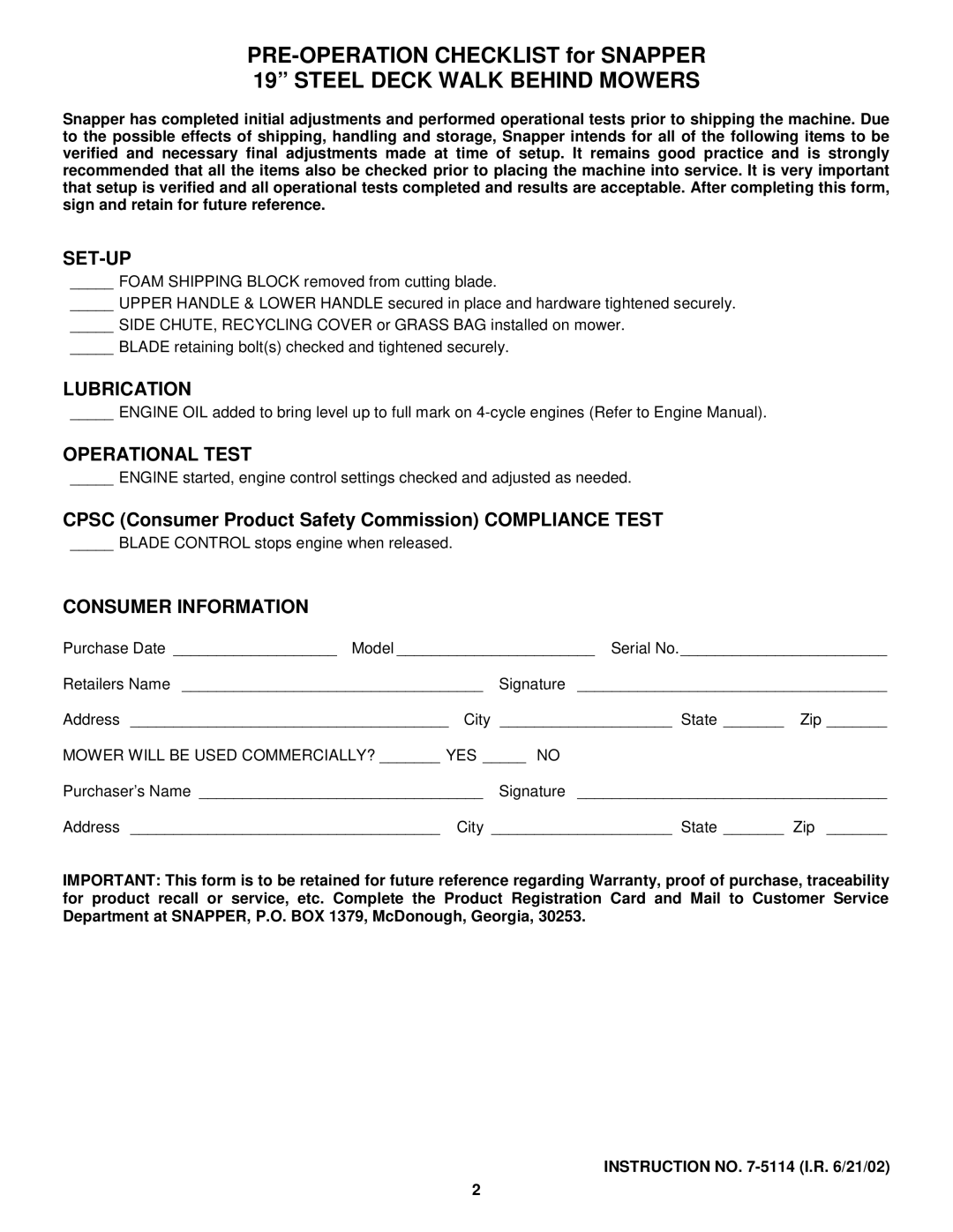 Snapper CLT24520 (7800317), CSLT23460 (7800344) manual Set-Up, Lubrication, Operational Test, Consumer Information 