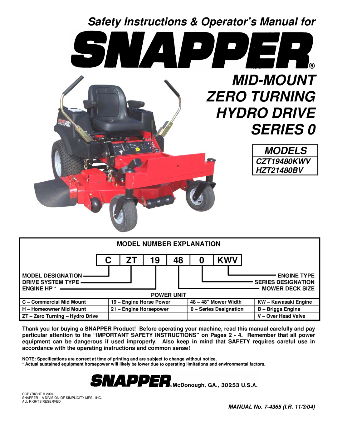 Snapper CZT19480KWV, CZT19481KWV, HZT21480BV, HZT21481BV important safety instructions Model Number Explanation 