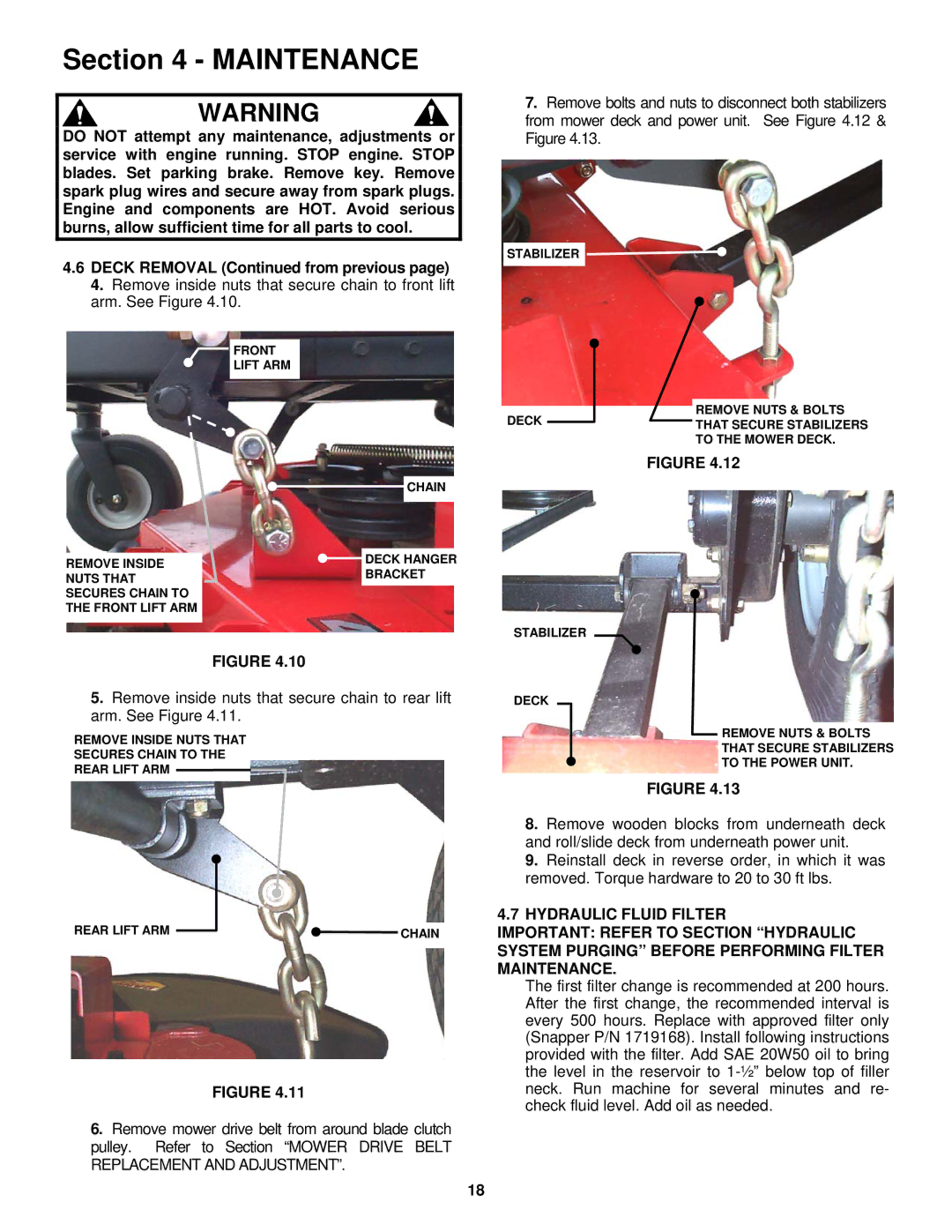 Snapper HZT21480BV, CZT19480KWV important safety instructions Remove Inside Nuts That Secures Chain to Rear Lift ARM 