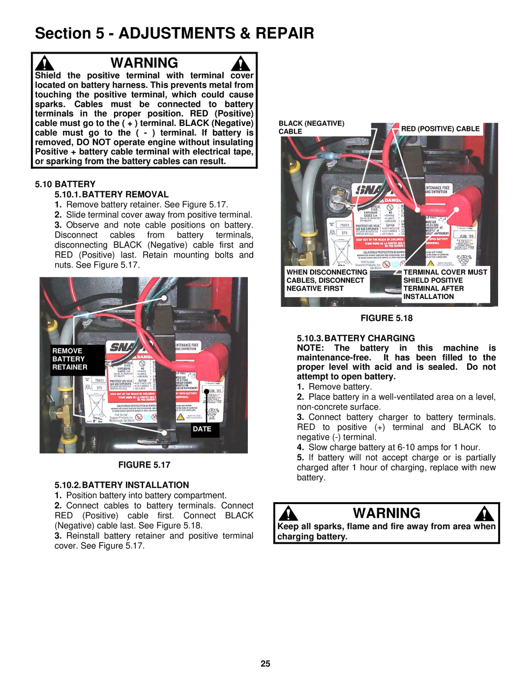 Snapper CZT19480KWV, CZT19481KWV, HZT21480BV, HZT21481BV Battery Battery Removal, Battery Installation, Battery Charging 