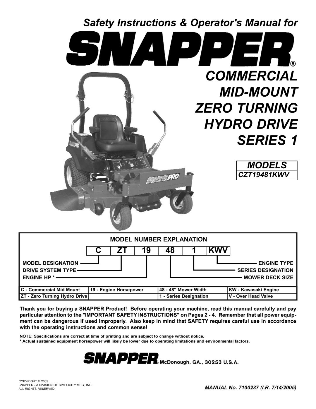 Snapper CZT19481KWV important safety instructions Commercial MID-MOUNT Zero Turning Hydro Drive Series 