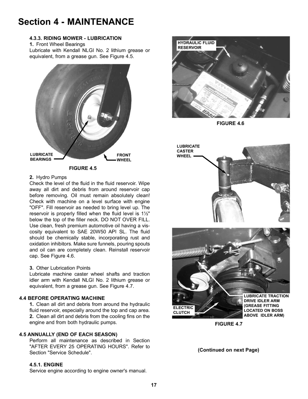 Snapper CZT19481KWV Riding Mower Lubrication 1. Front Wheel Bearings, Before Operating Machine, Engine, On next 