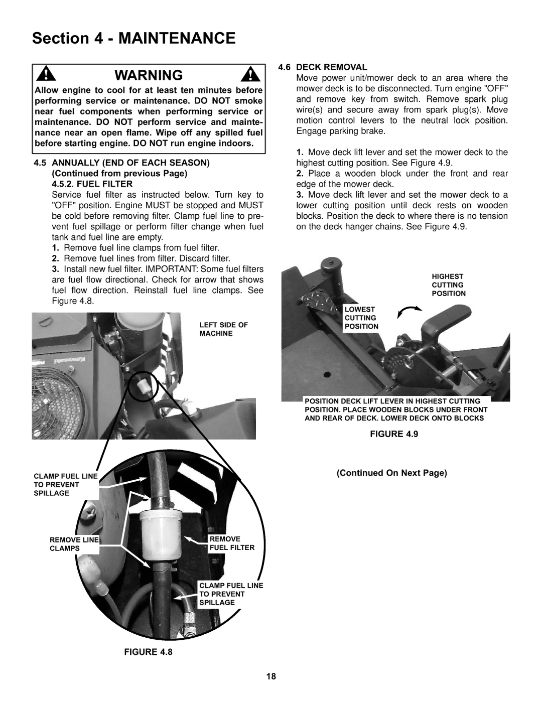 Snapper CZT19481KWV important safety instructions Deck Removal 