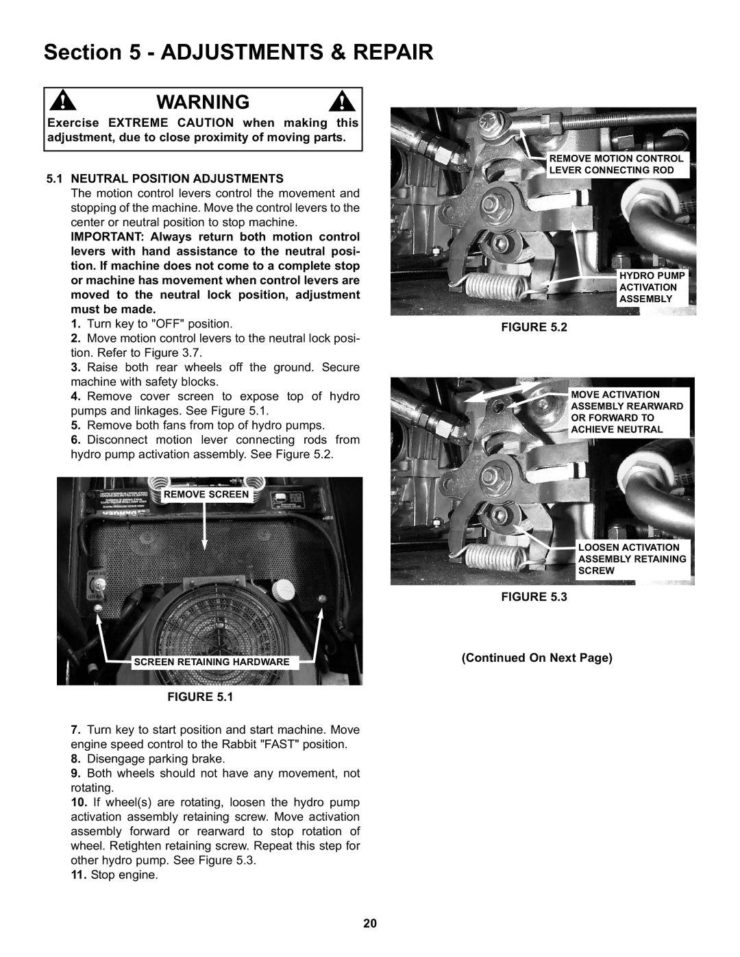 Snapper CZT19481KWV important safety instructions ADJUSTMENTSOPERAINGINSTRUCTIONS& Repair, Neutral Position Adjustments 