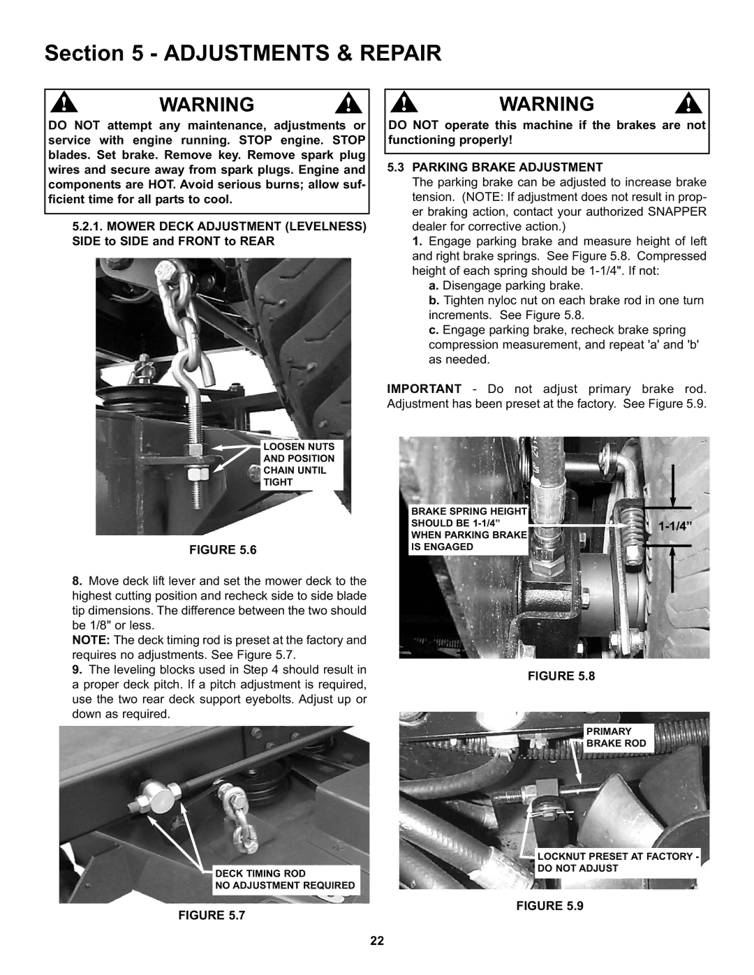 Snapper CZT19481KWV important safety instructions Parking Brake Adjustment 