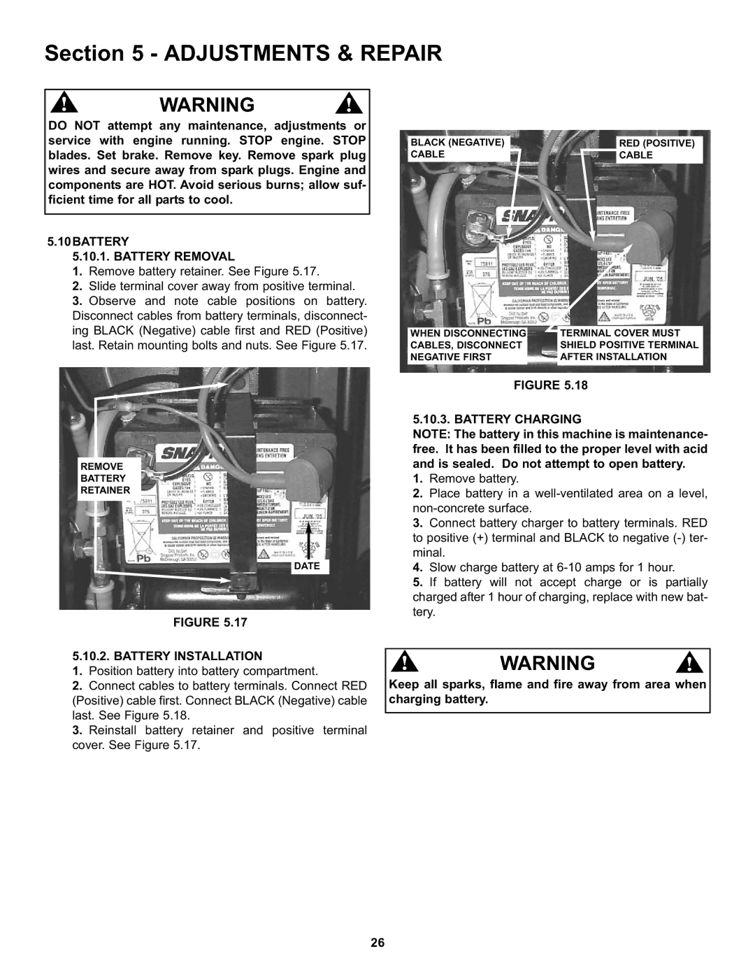 Snapper CZT19481KWV important safety instructions 10BATTERY Battery Removal, Battery Installation, Battery Charging 