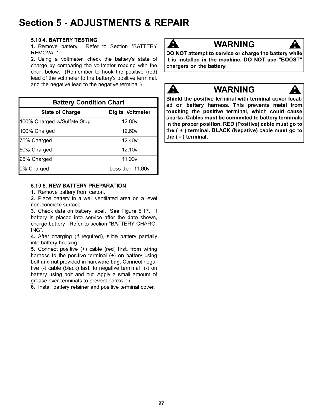 Snapper CZT19481KWV important safety instructions Battery Testing, State of Charge Digital Voltmeter 