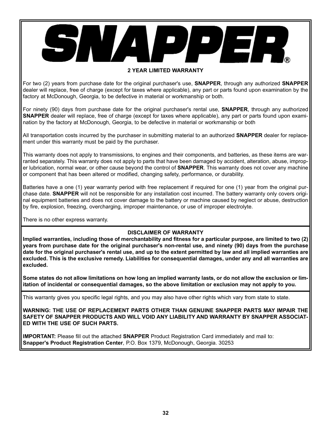 Snapper CZT19481KWV important safety instructions Year Limited Warranty, Disclaimer of Warranty 