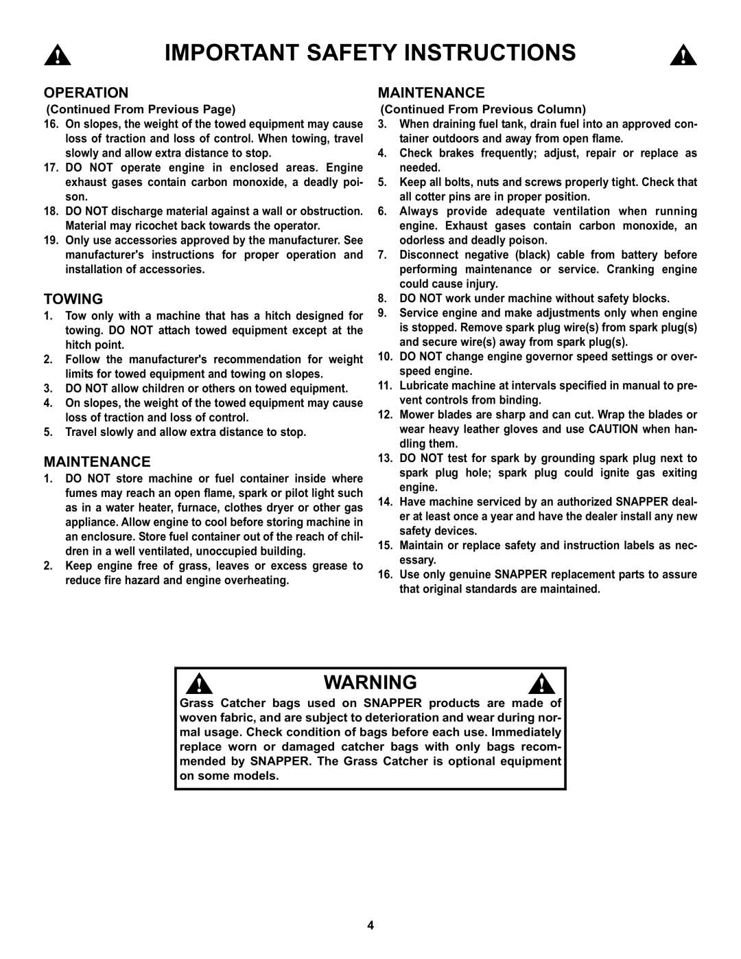 Snapper CZT19481KWV important safety instructions Towing, From Previous 