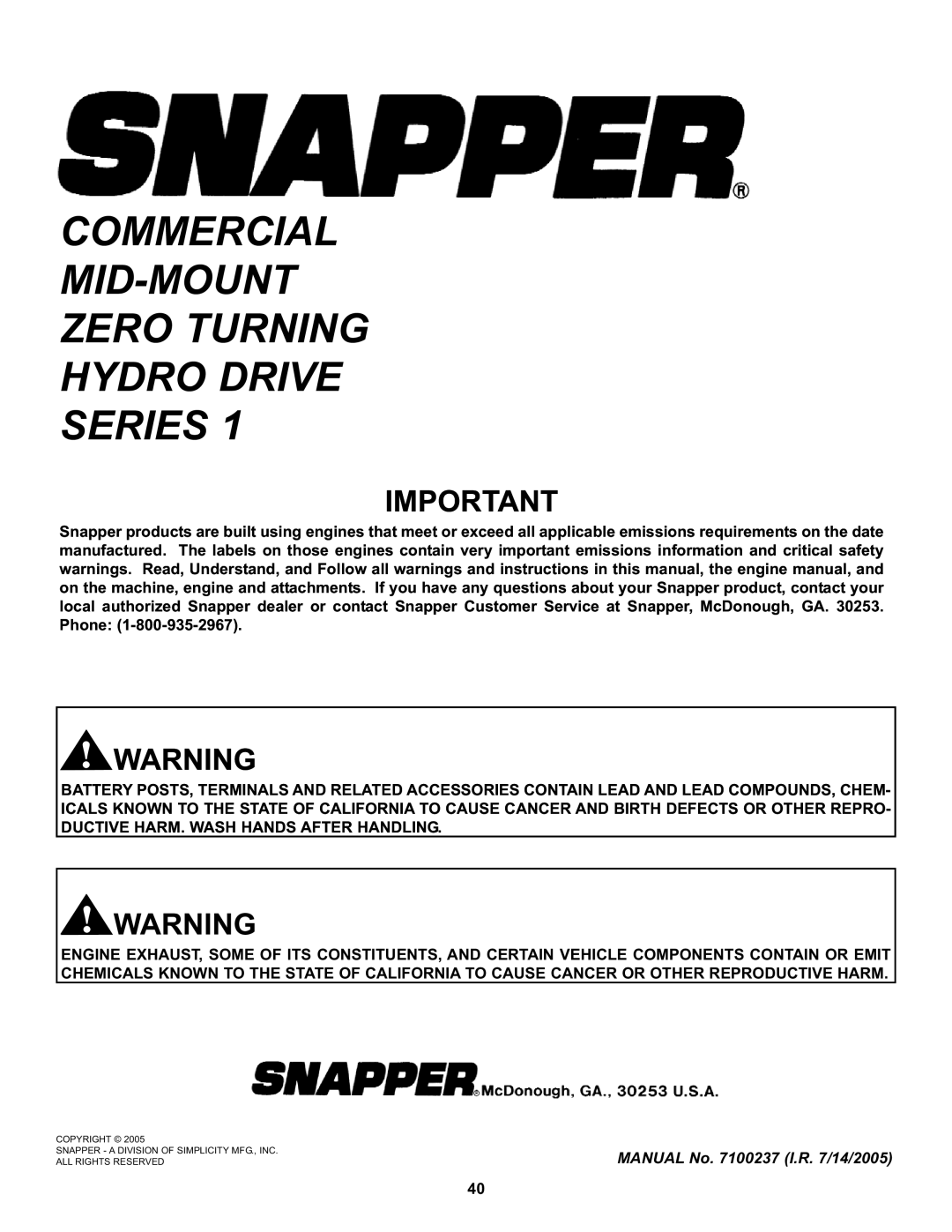 Snapper CZT19481KWV important safety instructions Commercial MID-MOUNT Zero Turning Hydro Drive Series 