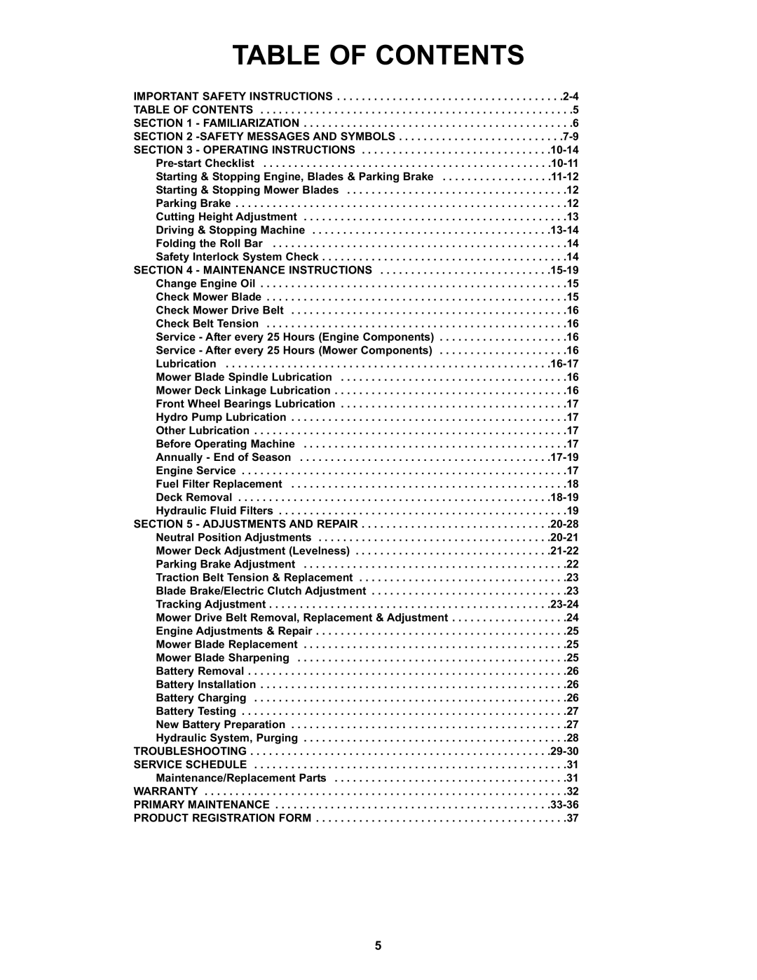 Snapper CZT19481KWV important safety instructions Table of Contents 