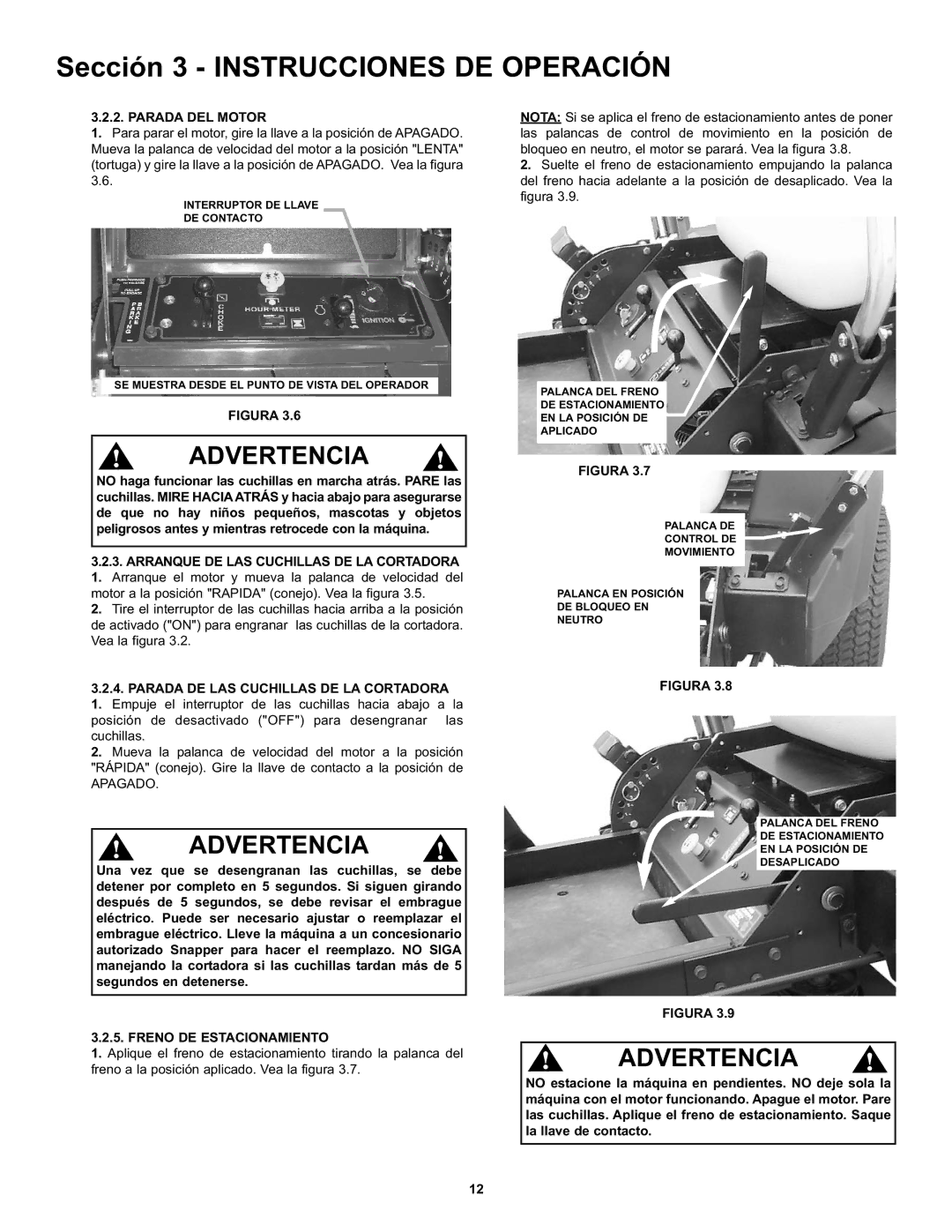 Snapper CZT19481KWV manual Parada DEL Motor, Freno DE Estacionamiento 