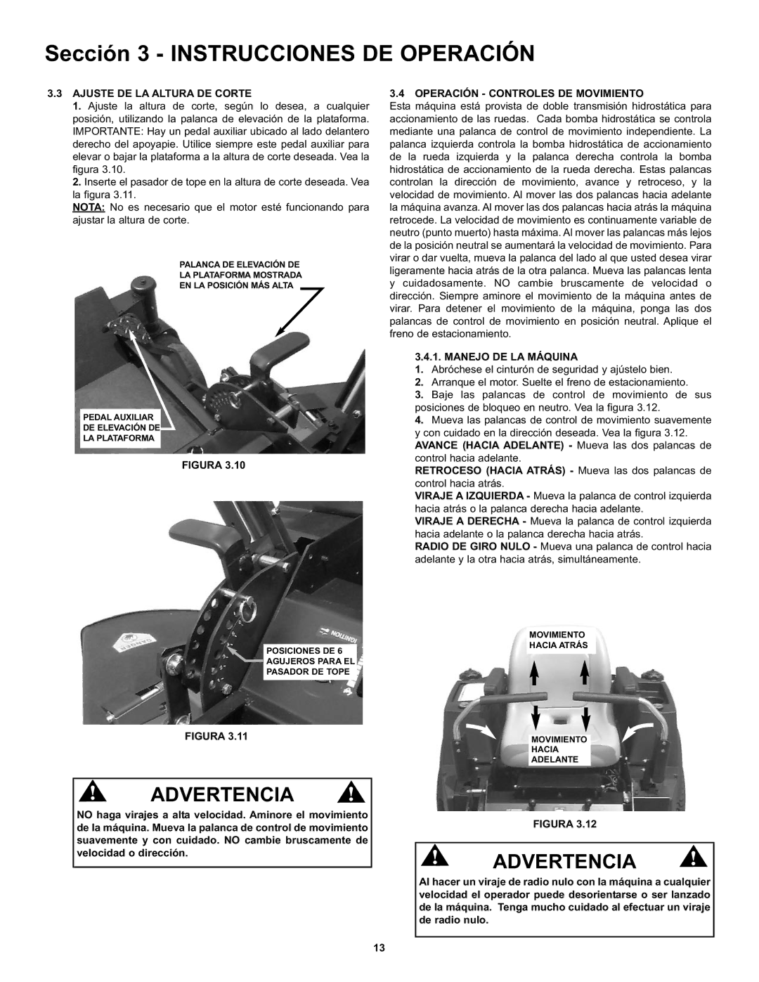 Snapper CZT19481KWV manual Ajuste DE LA Altura DE Corte, Manejo DE LA Máquina 