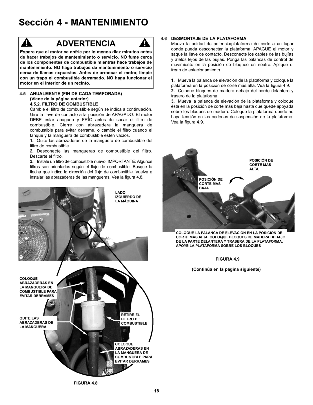 Snapper CZT19481KWV manual Filtro DE Combustible, Desmontaje DE LA Plataforma, Continúa en la página siguiente 