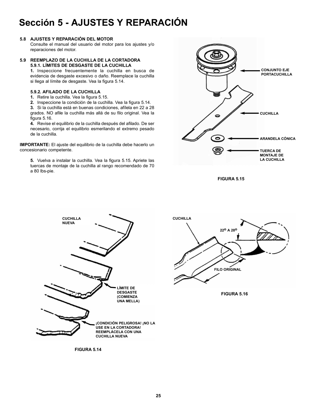 Snapper CZT19481KWV manual Ajustes Y Reparación DEL Motor, Afilado DE LA Cuchilla, Desgastefigura 5.16 Comienza 