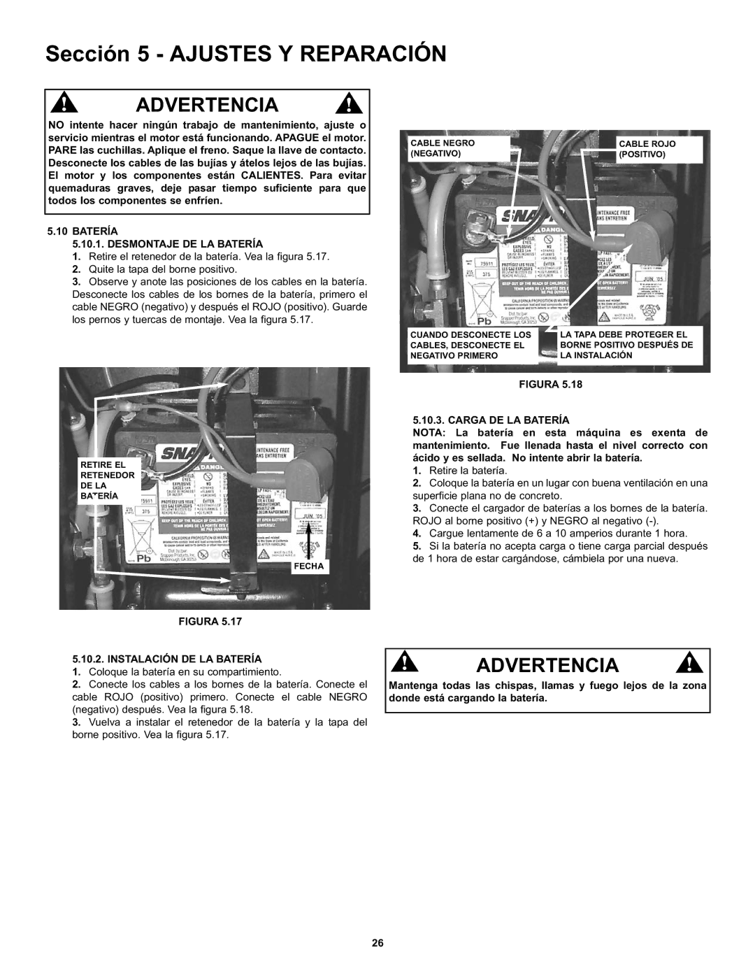 Snapper CZT19481KWV manual Batería Desmontaje DE LA Batería, Instalación DE LA Batería 