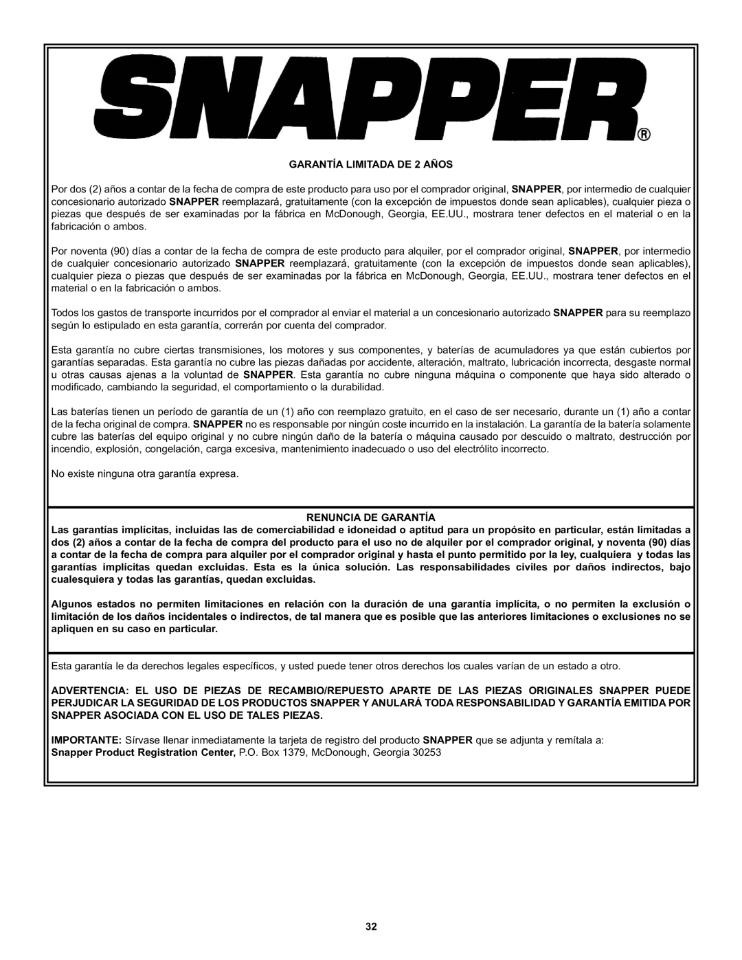 Snapper CZT19481KWV manual Garantía Limitada DE 2 Años, Renuncia DE Garantía 