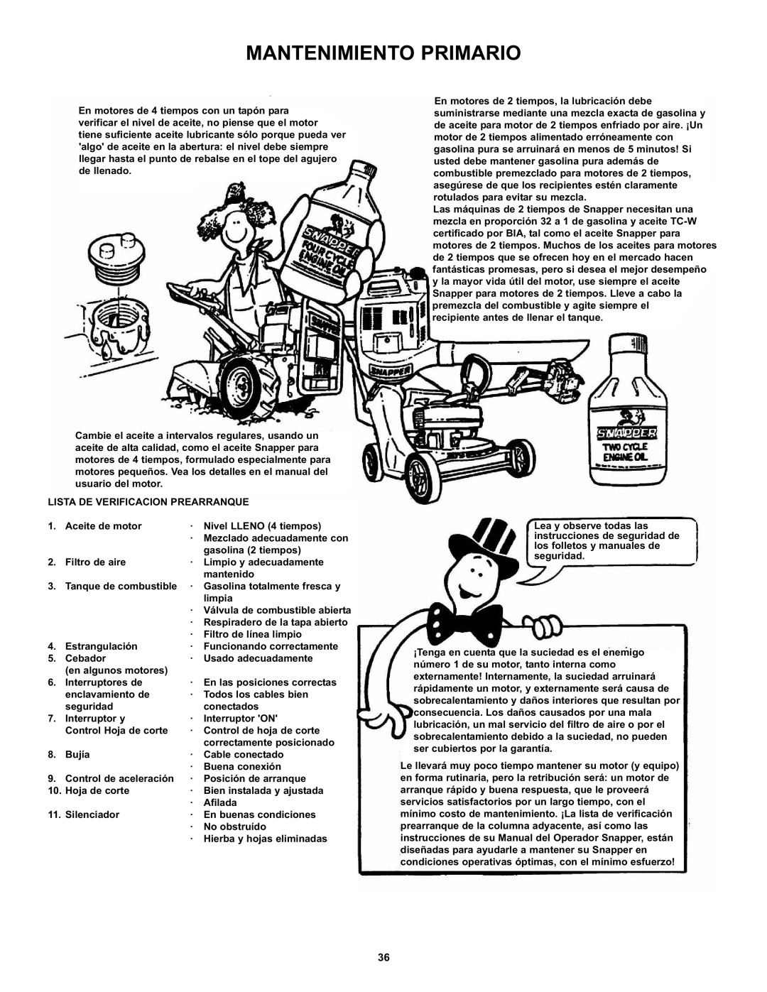 Snapper CZT19481KWV manual Lista DE Verificacion Prearranque 