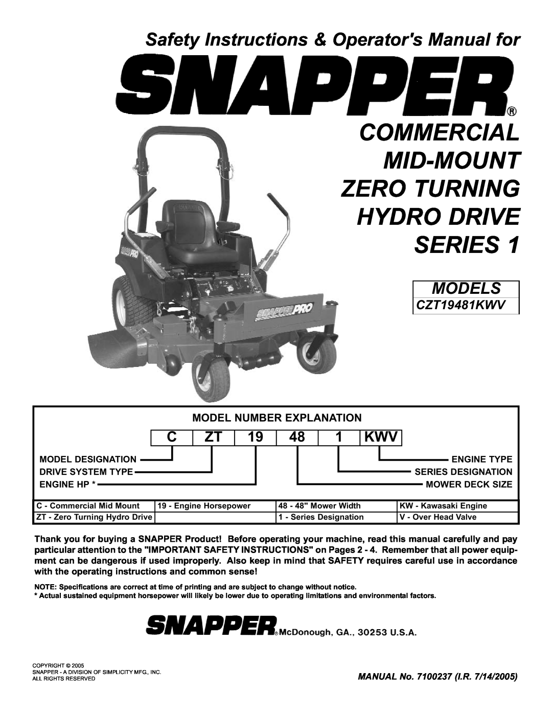 Snapper CZT19481KWV important safety instructions Commercial Mid-Mount Zero Turning Hydro Drive Series, Models 