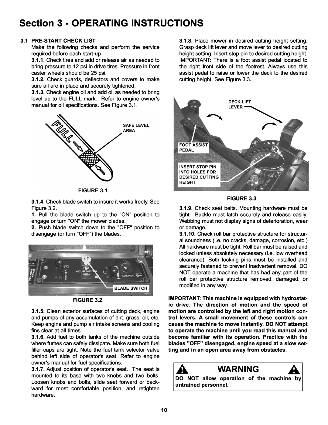Snapper CZT19481KWV important safety instructions Operating Instructions, Pre-Start Check List 