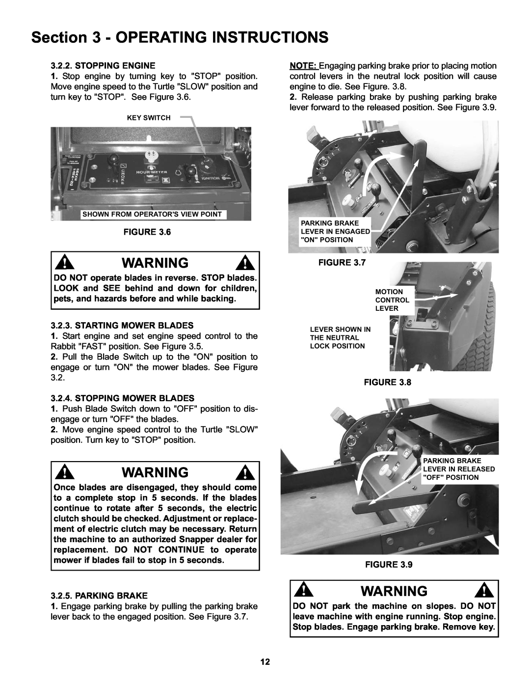 Snapper CZT19481KWV Operating Instructions, Stopping Engine, Starting Mower Blades, Stopping Mower Blades, Parking Brake 