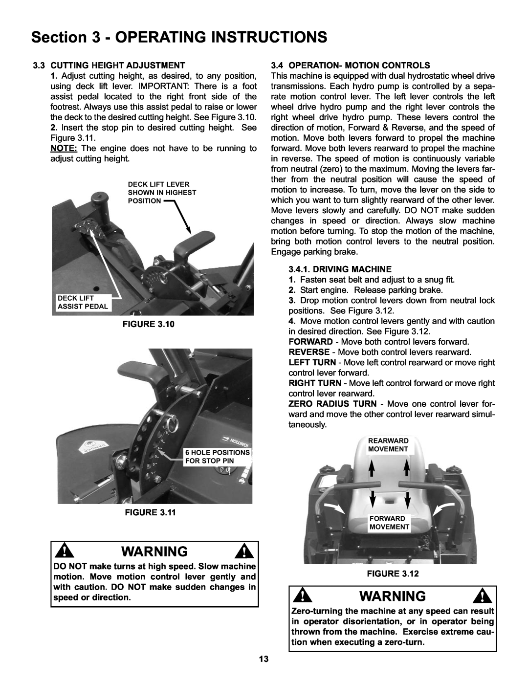 Snapper CZT19481KWV Operating Instructions, Cutting Height Adjustment, Operation- Motion Controls, Driving Machine 