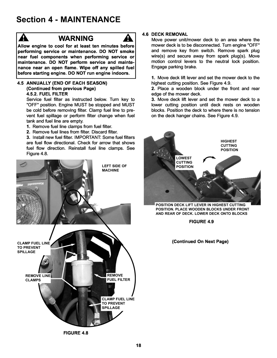 Snapper CZT19481KWV important safety instructions Maintenanceoperating Instructions, Deck Removal, Continued On Next Page 