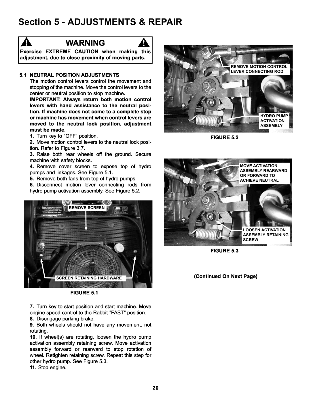 Snapper CZT19481KWV Adjustmentsoperainginstructions& Repair, Neutral Position Adjustments, Continued On Next Page 