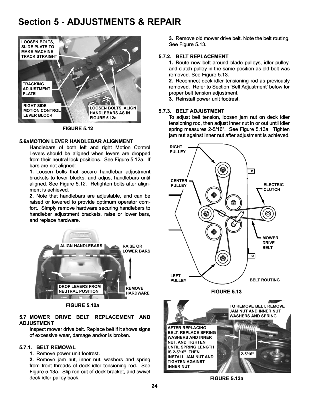 Snapper CZT19481KWV Adjustmentsoperainginstructions& Repair, Belt Replacement, 5.7.3, Belt Adjustment, 5.7.1, Belt Removal 
