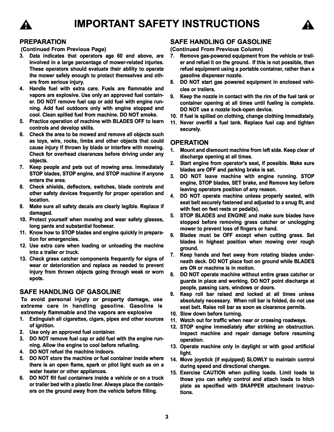 Snapper CZT19481KWV Important Safety Instructions, Preparation, Safe Handling Of Gasoline, Operation 
