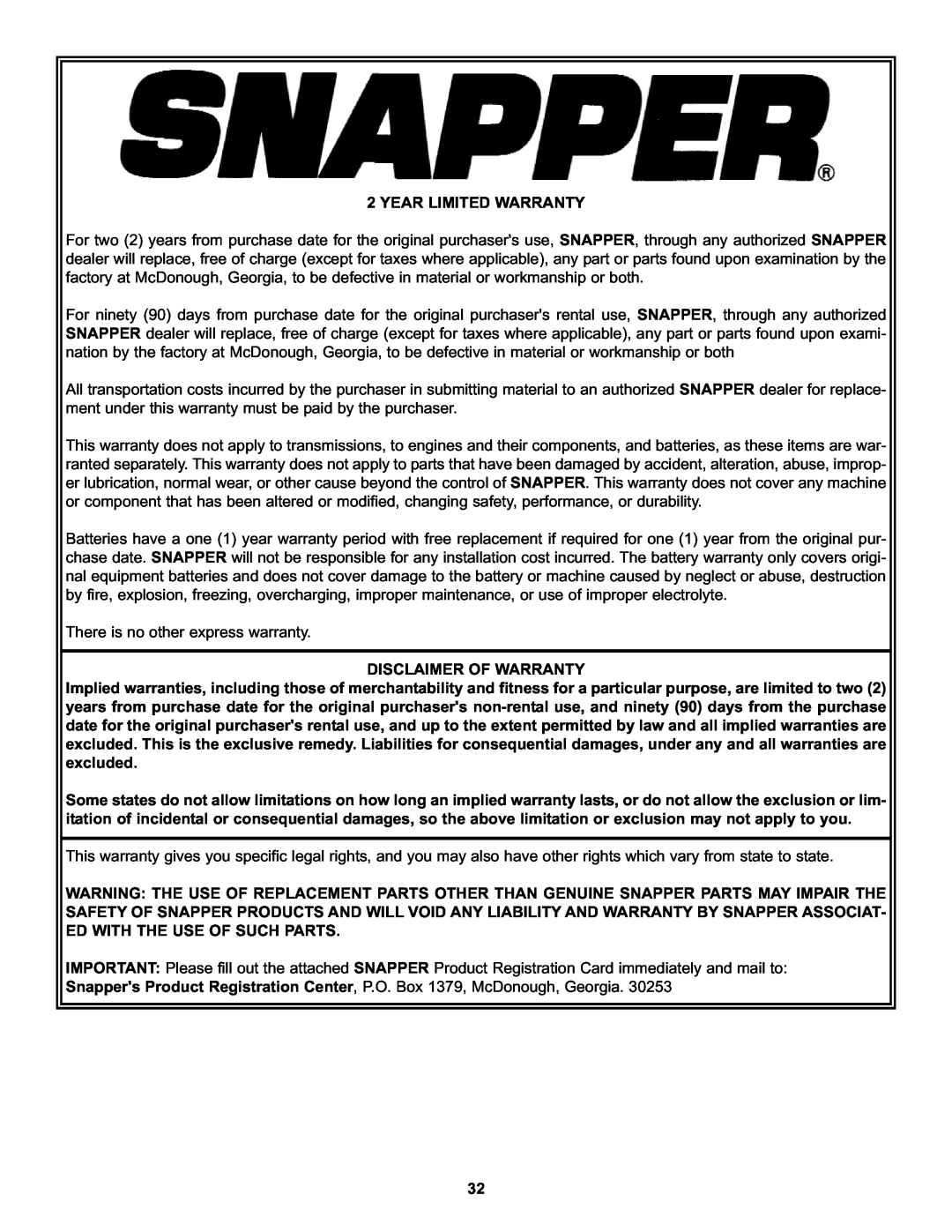 Snapper CZT19481KWV important safety instructions Year Limited Warranty, Disclaimer Of Warranty 