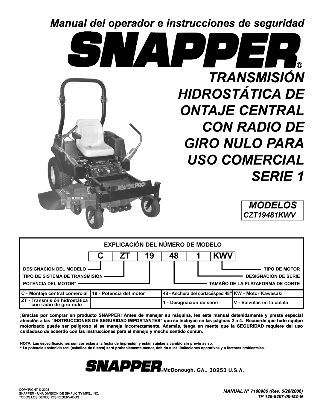 Snapper CZT19481KWV important safety instructions Commercial Mid-Mount Zero Turning Hydro Drive Series, Models 