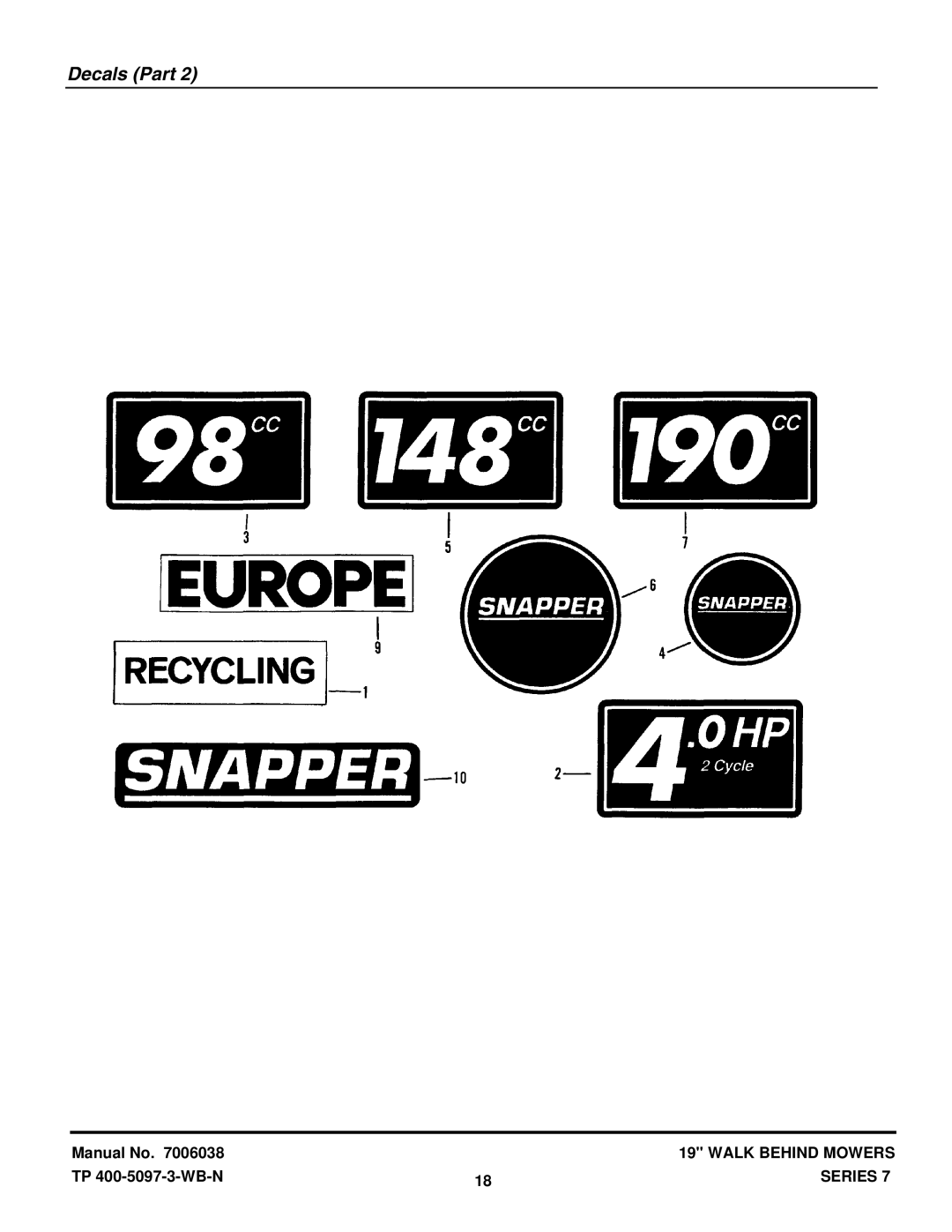 Snapper G19357B, D19357B, DLW307T-2, DLW357B, 19307T-2, GLW407T-2, GLW357B, RLW407T-2, RLW357B manual Decals Part 