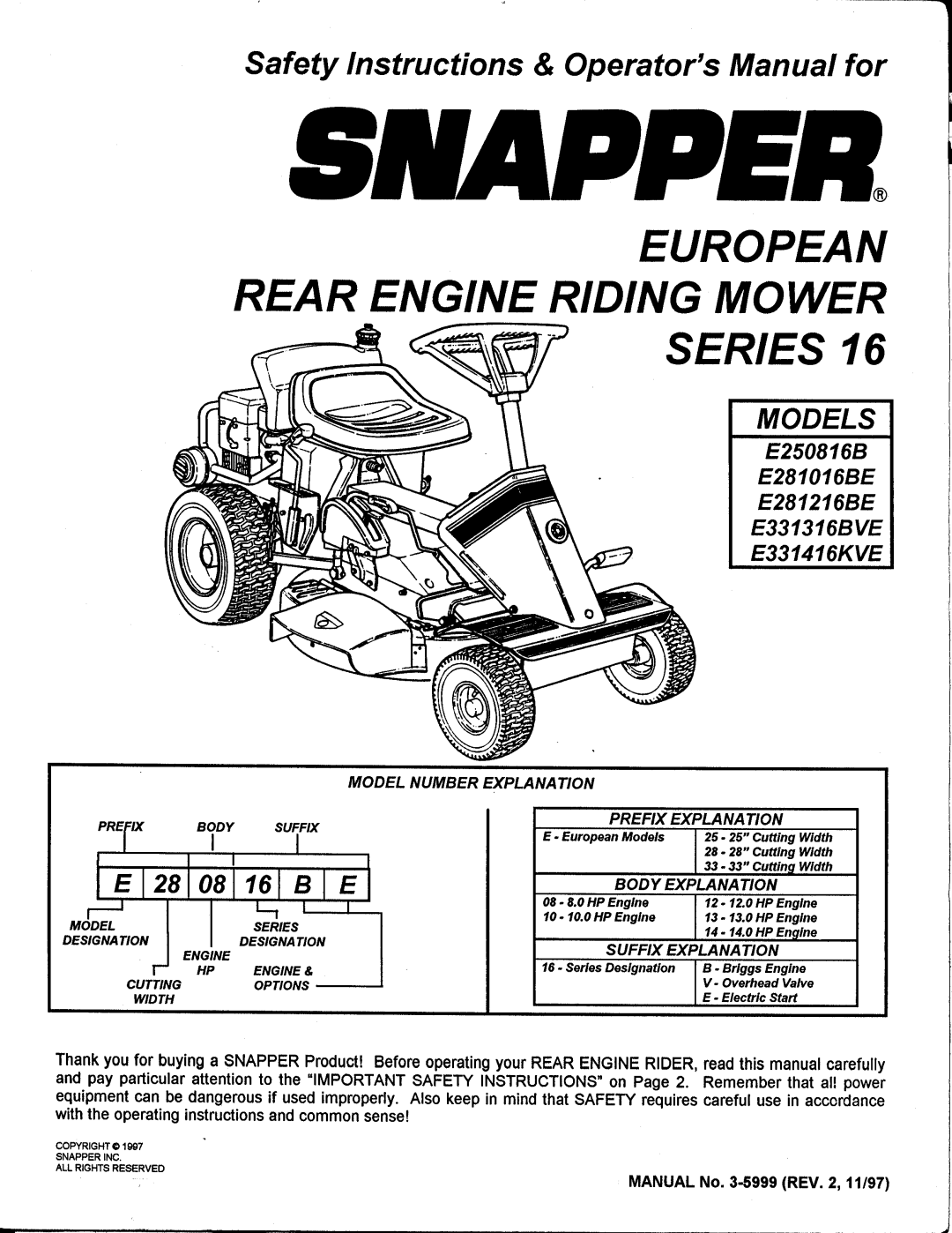 Snapper E250816B, E250186B, E331316BVE, E281216BE, E331416KVE, E281016BE manual 