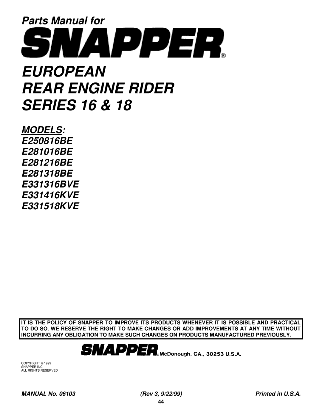 Snapper E281318BE, E250816BE, E331518KVE manual European Rear Engine Rider 