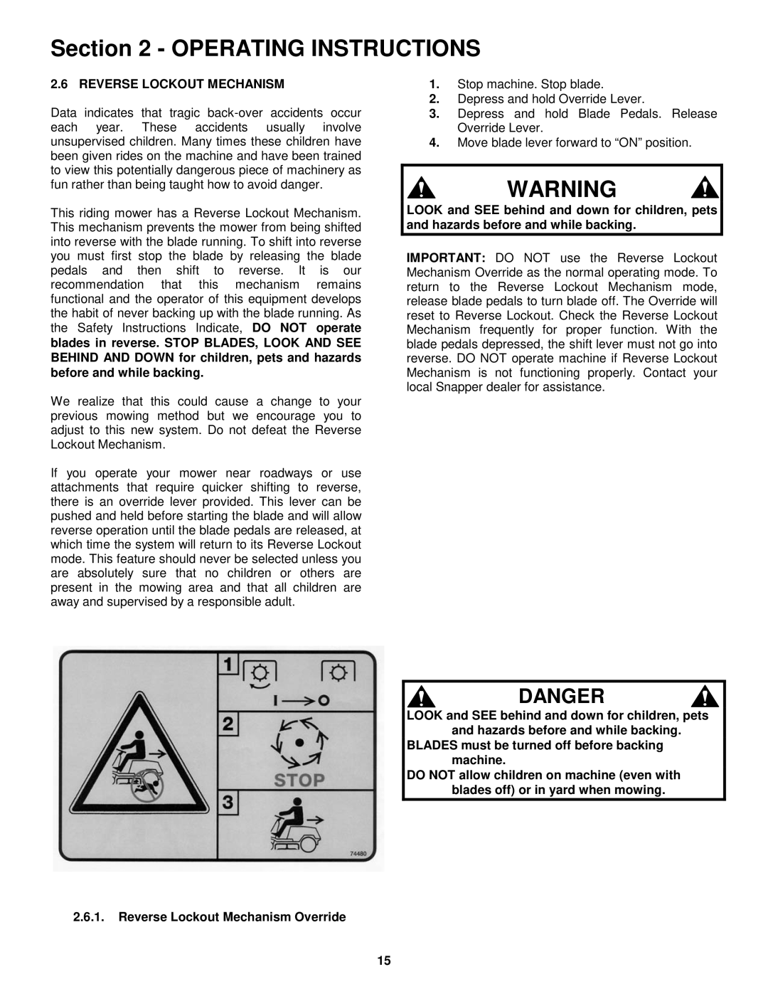 Snapper E281323BVE, E251023BVE, E281223BVE, E331523KVE important safety instructions Reverse Lockout Mechanism 