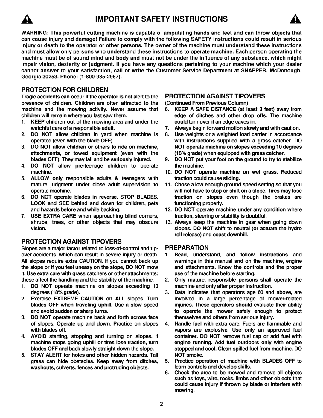 Snapper E251023BVE, E281223BVE, E281323BVE, E331523KVE important safety instructions Important Safety Instructions 