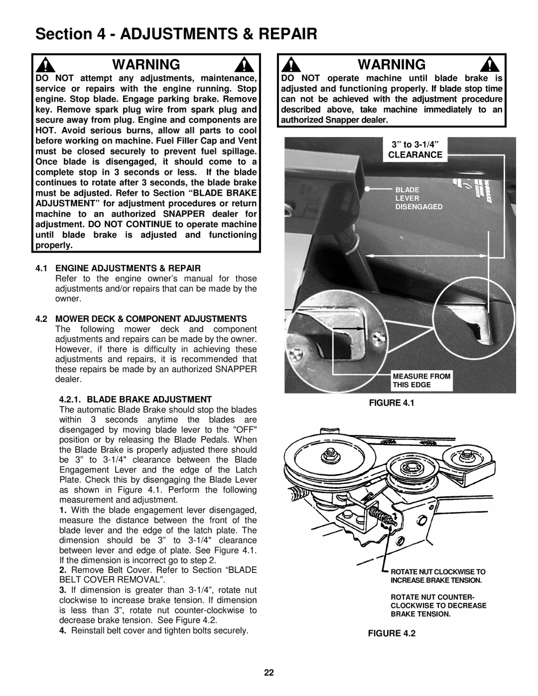 Snapper E251023BVE, E281223BVE, E281323BVE, E331523KVE Engine Adjustments & Repair, Blade Brake Adjustment, Clearance 