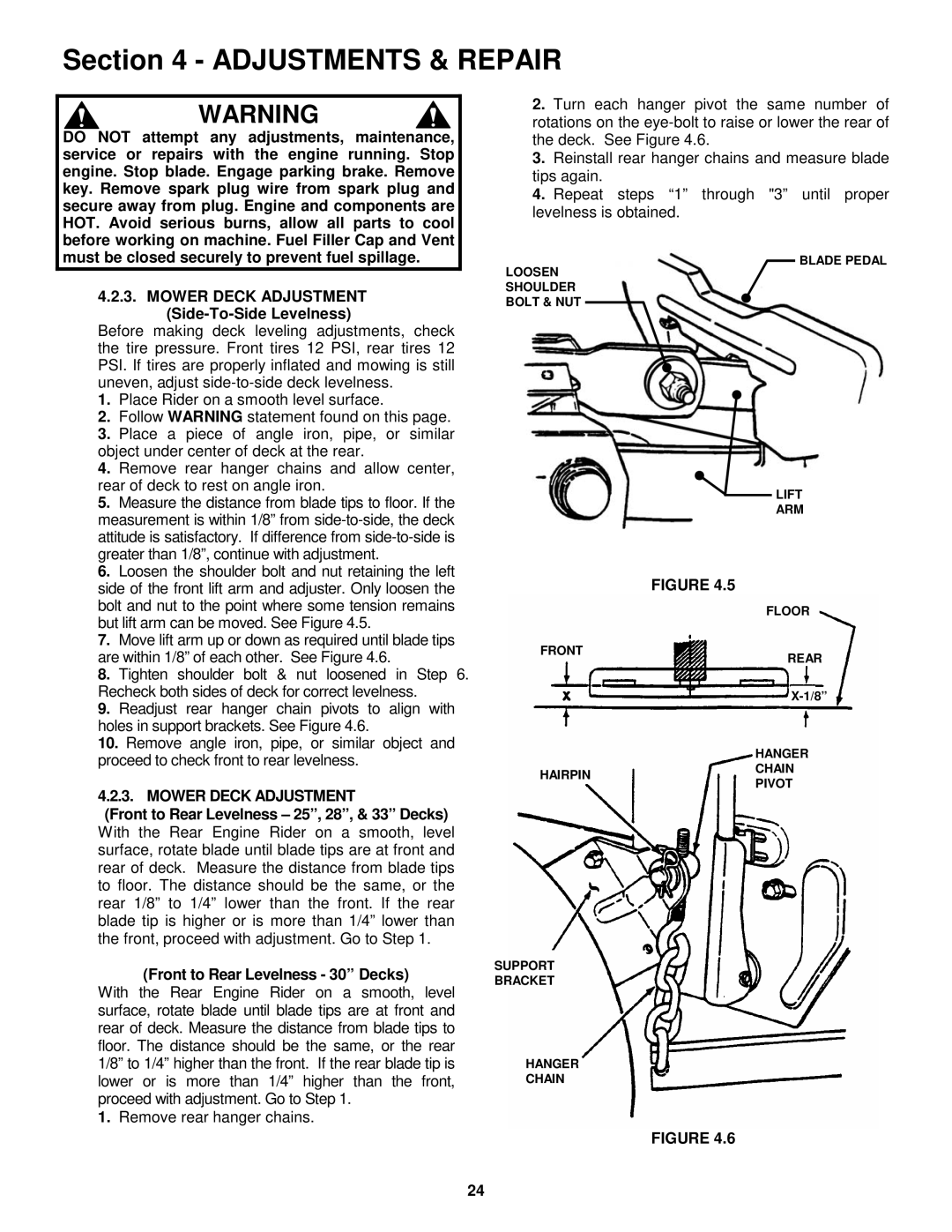 Snapper E251023BVE, E281223BVE, E281323BVE, E331523KVE important safety instructions Mower Deck Adjustment 