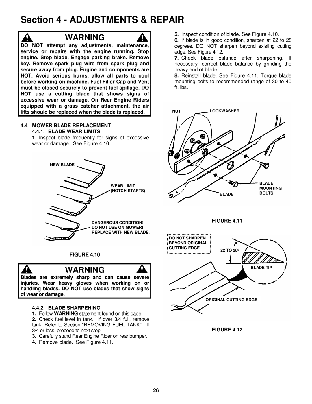 Snapper E251023BVE, E281223BVE, E281323BVE, E331523KVE Mower Blade Replacement 4.4.1. Blade Wear Limits, Blade Sharpening 