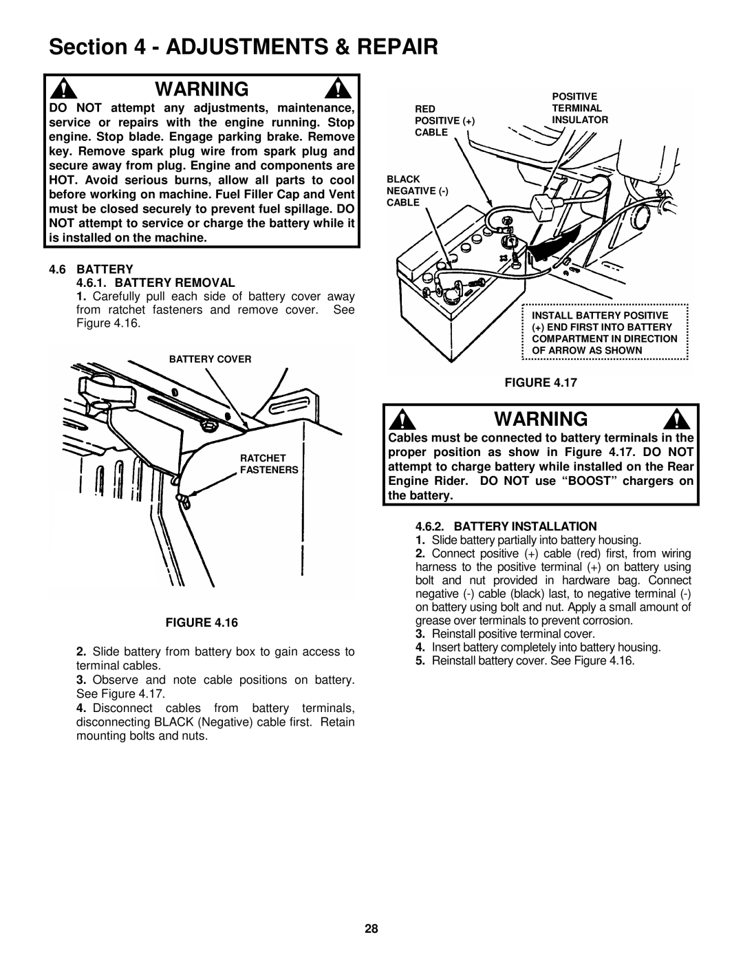 Snapper E251023BVE, E281223BVE, E281323BVE, E331523KVE Battery Battery Removal, Battery Installation 