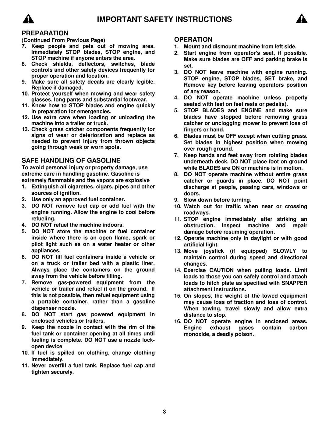 Snapper E281323BVE, E251023BVE, E281223BVE, E331523KVE important safety instructions Safe Handling of Gasoline 