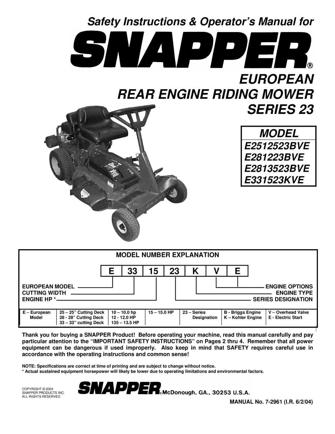 Snapper E2512523BVE, E2812523BVE, E2813523BVE, E331523KVE important safety instructions Manual No -2961 I.R /2/04 