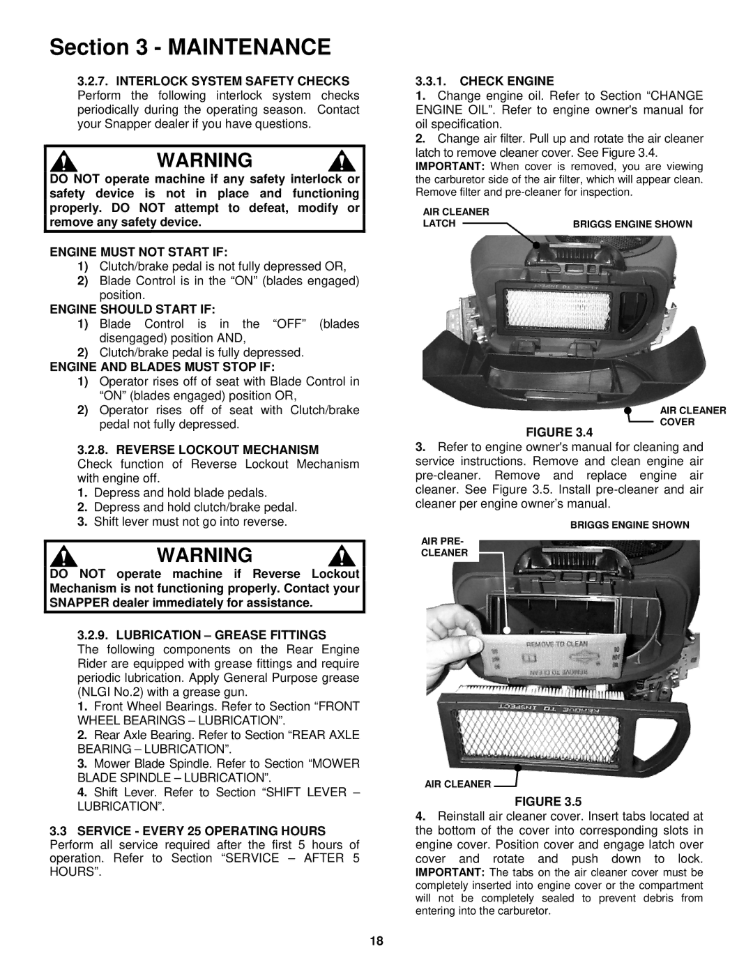 Snapper E2512523BVE, E2812523BVE, E2813523BVE, E331523KVE Engine Must not Start if, Engine should Start if 