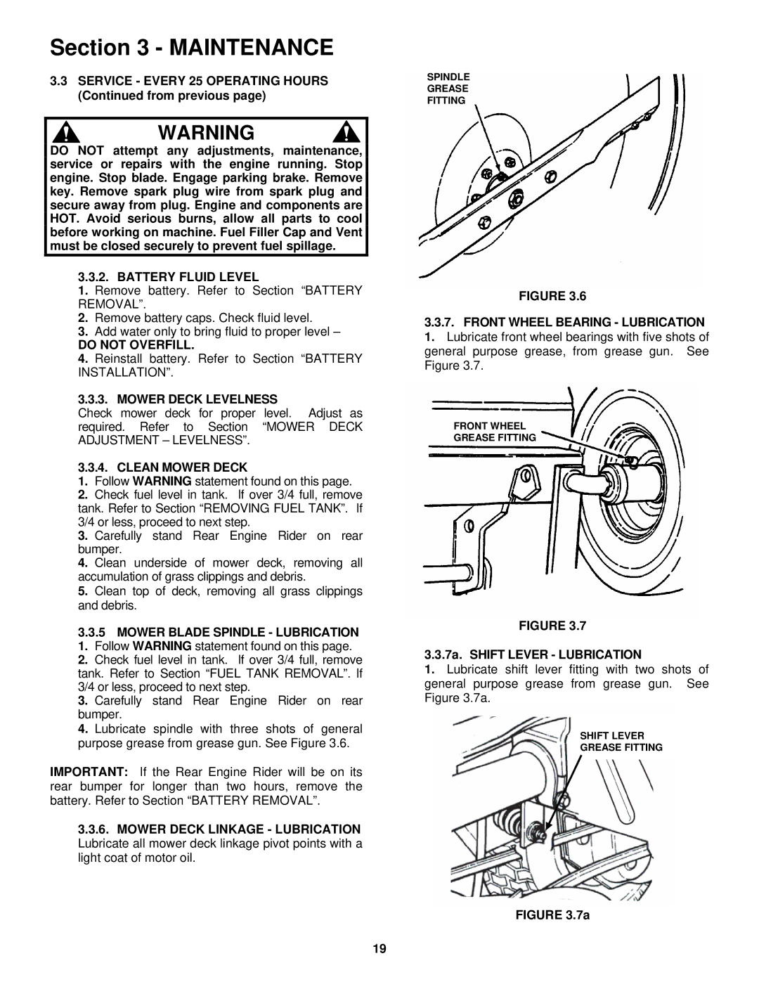 Snapper E2512523BVE, E2812523BVE, E2813523BVE, E331523KVE Battery Fluid Level, Do not Overfill, Mower Deck Levelness 