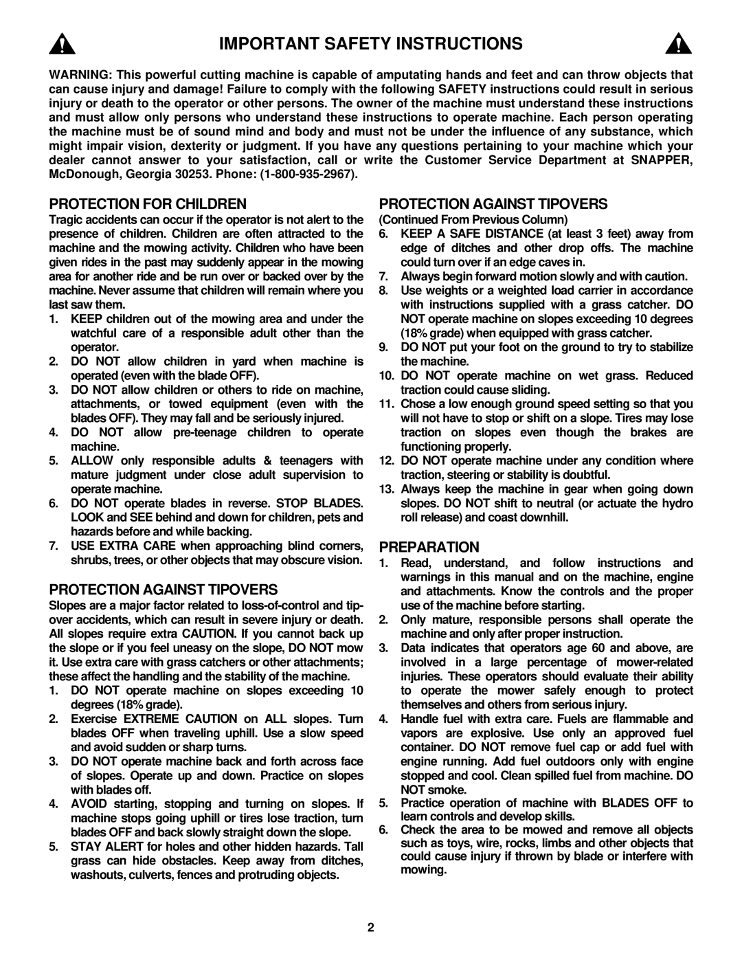 Snapper E2512523BVE, E2812523BVE, E2813523BVE, E331523KVE important safety instructions Important Safety Instructions 