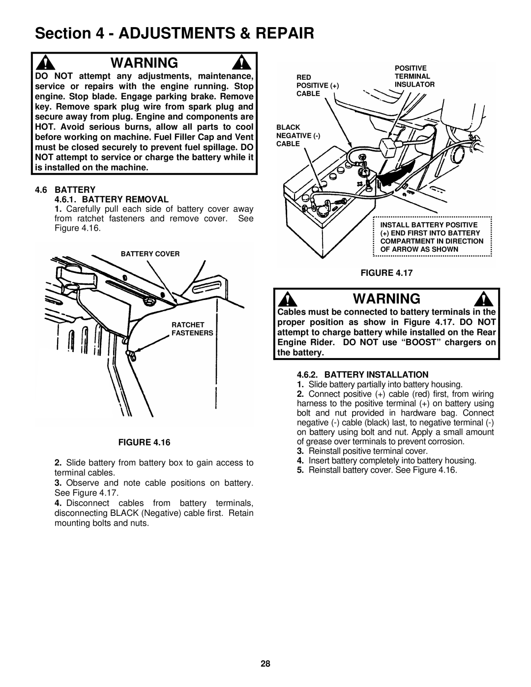 Snapper E2512523BVE, E2812523BVE, E2813523BVE, E331523KVE Battery Battery Removal, Battery Installation 