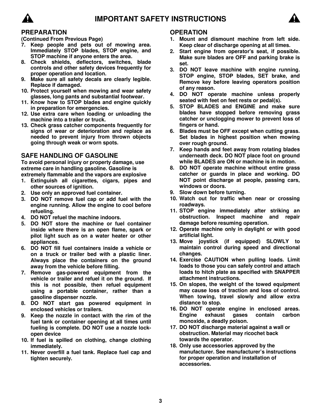 Snapper E2512523BVE, E2812523BVE, E2813523BVE, E331523KVE important safety instructions Safe Handling of Gasoline 