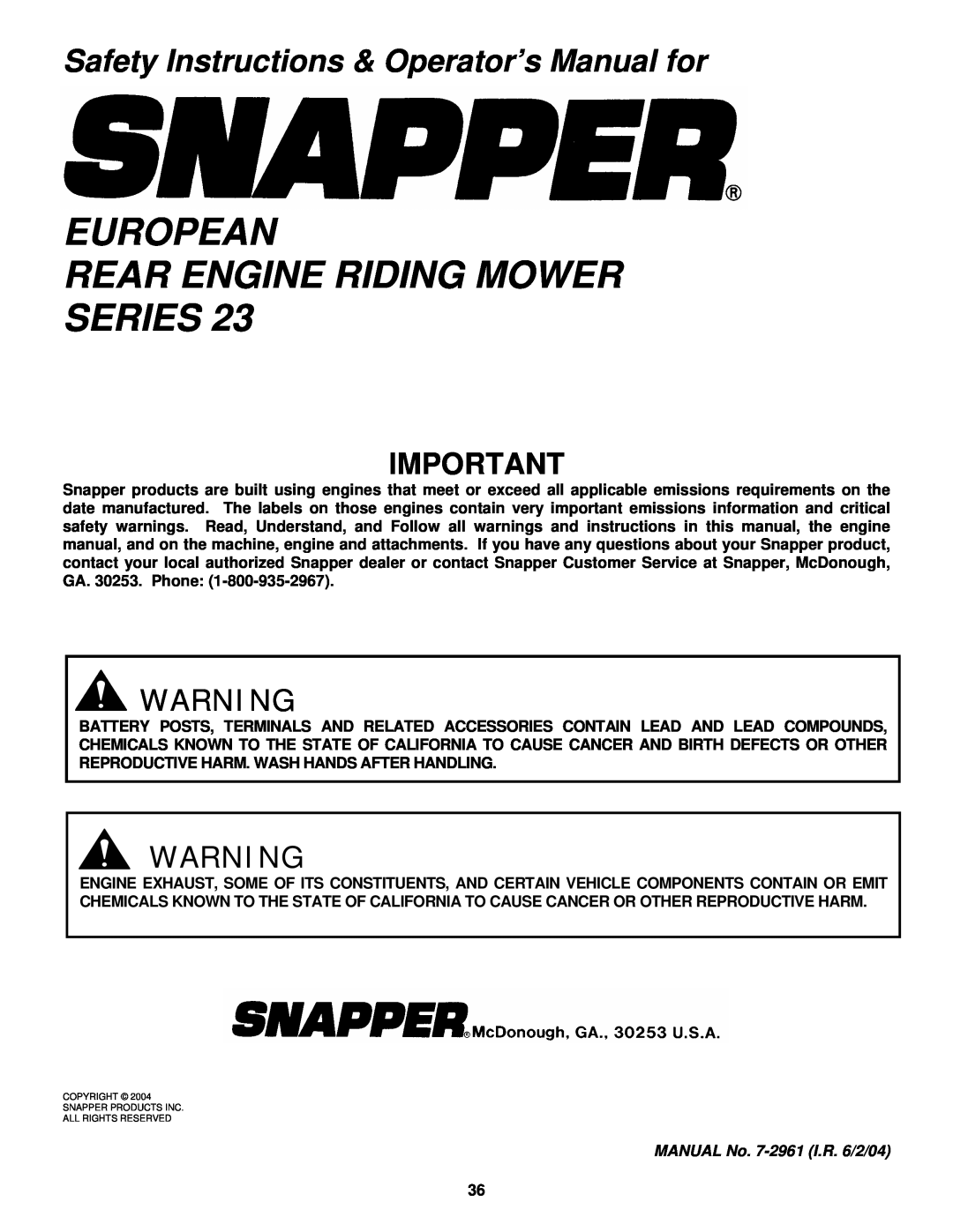 Snapper E2512523BVE, E2812523BVE, E2813523BVE, E331523KVE European Rear Engine Riding Mower Series 