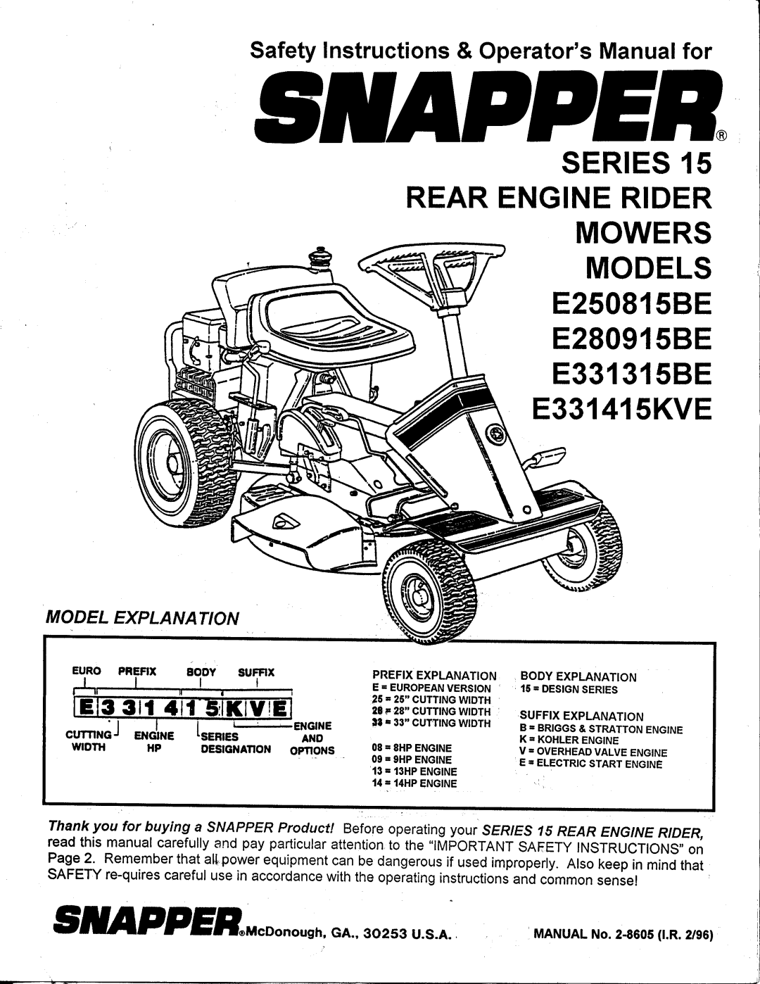 Snapper E331415KVE, E280915BE, E331315BE manual 